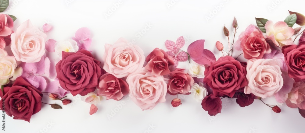 rose flowers and leaves on white background. Creative banner. Copyspace image rose flowers and leaves on white background. Creative banner. Copyspace image