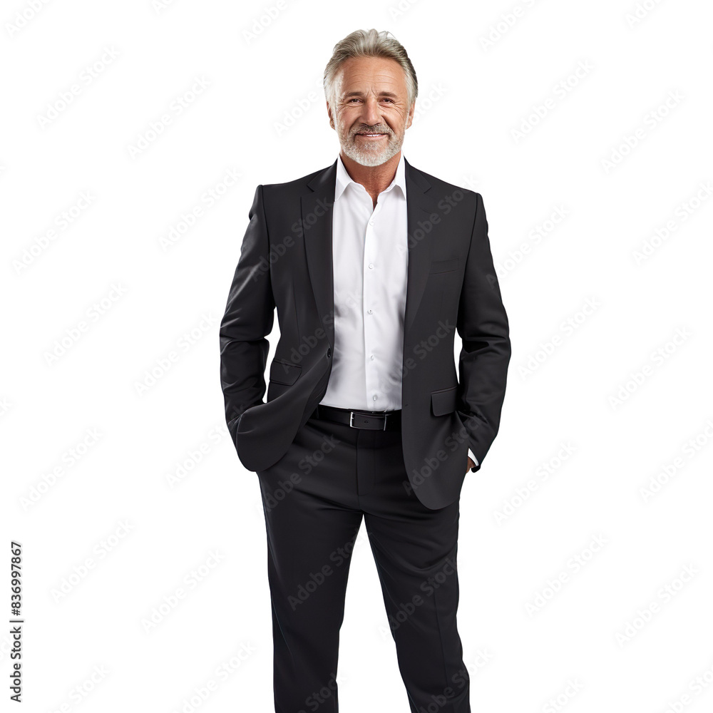 Front view mid shot of a 60-year-old handsome White man dressed in a classic black blazer over a white dress shirt and charcoal gray dress pants, smiling on a white transparent background Front view mid shot of a 60-year-old handsome White man dressed in a classic black blazer over a white dress shirt and charcoal gray dress pants, smiling on a white transparent background