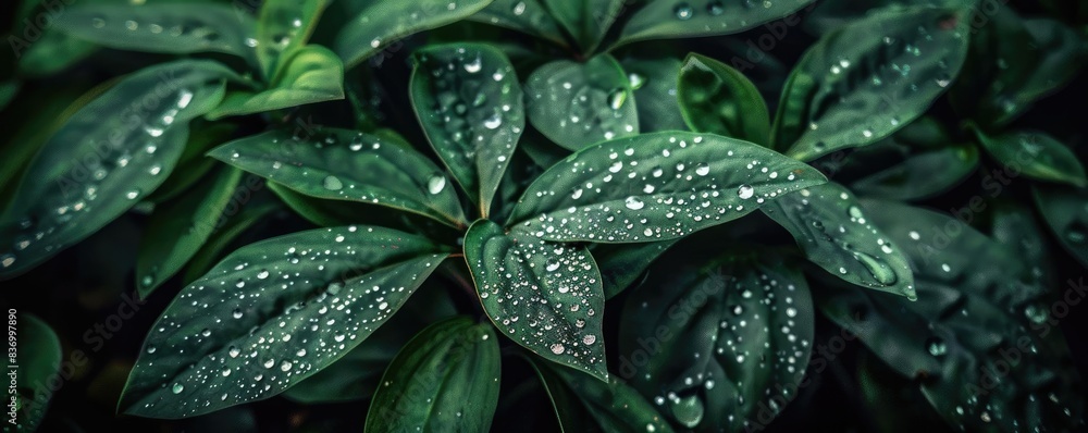 Fototapeta premium Close-up shot of vibrant green leaves covered with fresh raindrops. The image captures the natural beauty and freshness of foliage after rainfall.