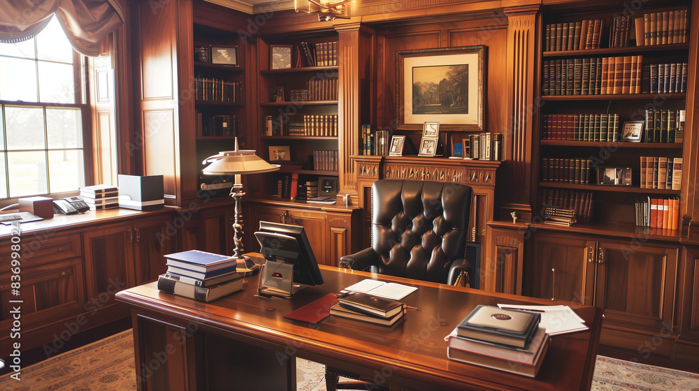 Office Interior with Desk, Chair, and Shelves of Books, wooden interior design Office Interior with Desk, Chair, and Shelves of Books, wooden interior design