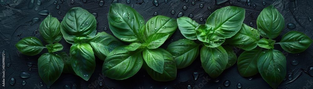 Fototapeta premium Fresh green basil leaves arranged on a black slate background with water droplets, highlighting the vivid color and texture of the leaves.