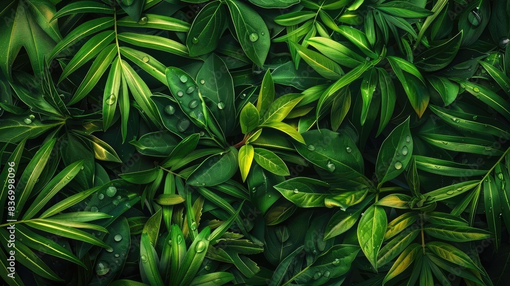 Lush tropical green leaves with dewdrops. Captivating natural foliage background, perfect for eco-friendly themes and nature lovers. Lush tropical green leaves with dewdrops. Captivating natural foliage background, perfect for eco-friendly themes and nature lovers.