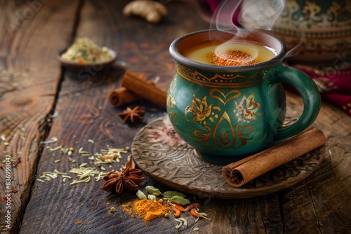 A steaming mug of masala chai with spices on the side, placed on a wooden table generated by AI