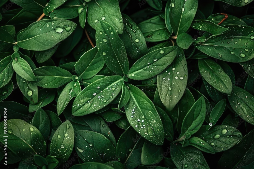 Fototapeta premium Close-up of lush green leaves with dew drops, showcasing natural beauty and freshness of foliage.