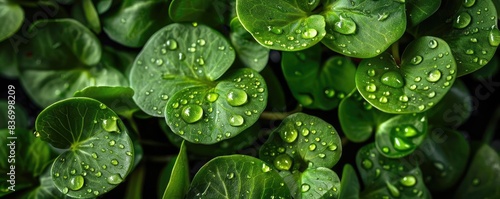 Close-up shot of fresh green leaves with water droplets, showcasing natural beauty and botanical details, perfect for nature-themed projects.