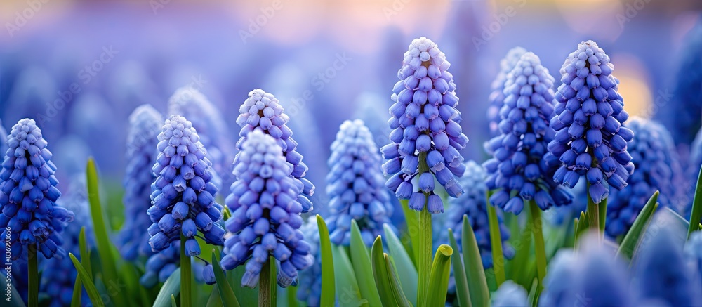 Muscari armeniacum Armenian grape hyacinth blooms in the early spring garden Close up. Creative banner. Copyspace image Muscari armeniacum Armenian grape hyacinth blooms in the early spring garden Close up. Creative banner. Copyspace image