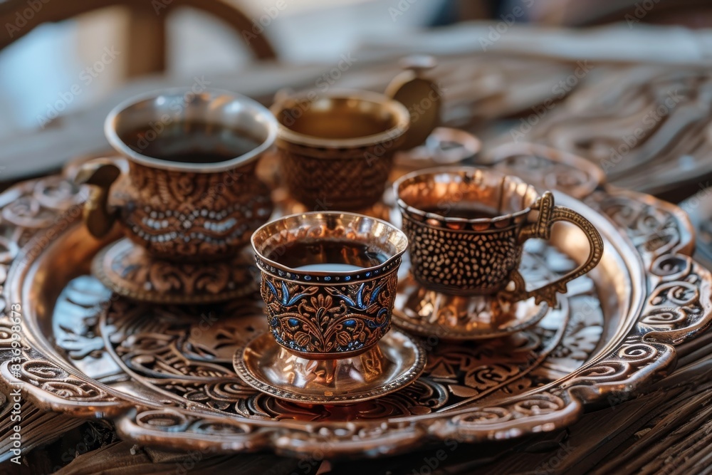 A traditional Turkish coffee set with a copper pot and small cups generated by AI A traditional Turkish coffee set with a copper pot and small cups generated by AI