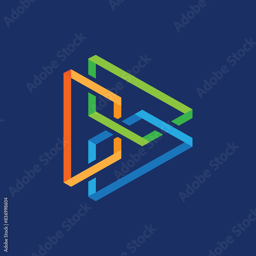 This is an abstract logo of three connected triangles in green red and blue forming a bigger triangle photo