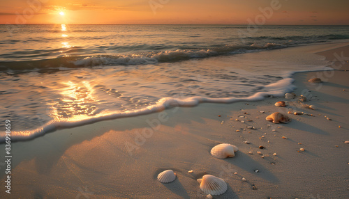 serene beach scene with sun setting over ocean, seashells scattered along shore and waves lapping at sand