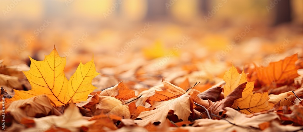 There are many leaves falling on the floor in the autumn on a blurred background. Creative banner. Copyspace image There are many leaves falling on the floor in the autumn on a blurred background. Creative banner. Copyspace image