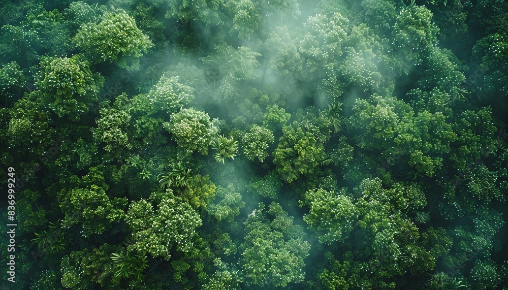 Aerial view of lush green forest with mist, watercolor technique, vibrant hues, showing dew drops on leaves, bright morning light casting shadows, serene and refreshing atmosphere Aerial view of lush green forest with mist, watercolor technique, vibrant hues, showing dew drops on leaves, bright morning light casting shadows, serene and refreshing atmosphere