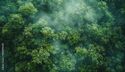 Aerial view of lush green forest with mist, watercolor technique, vibrant hues, showing dew drops on leaves, bright morning light casting shadows, serene and refreshing atmosphere © ngstock