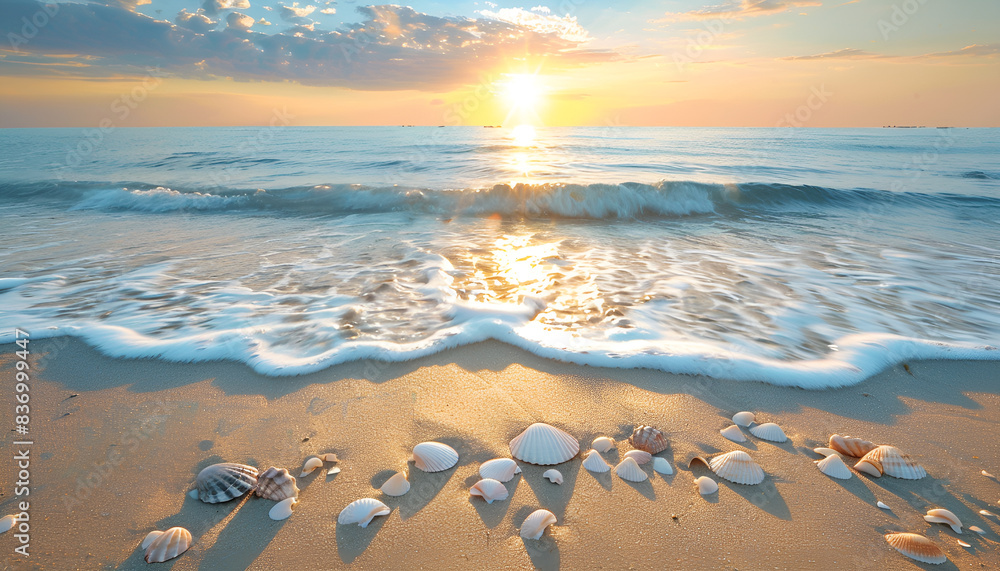 serene beach scene with sun setting over ocean, seashells scattered along shore and waves lapping at sand serene beach scene with sun setting over ocean, seashells scattered along shore and waves lapping at sand