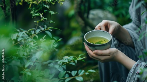 Person sipping herbal tea in a tranquil garden, surrounded by greenery and nature sounds, highlighting simplicity and restorative wellness practices.