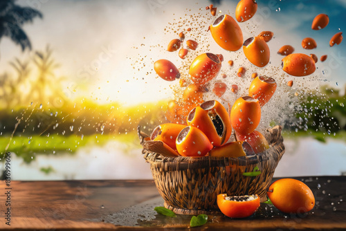 persimmons in a basket, fruits on the table, fresh fruit photo