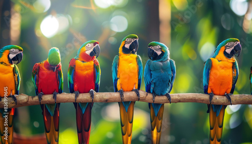 A group of colorful parrots are perched on a branch
