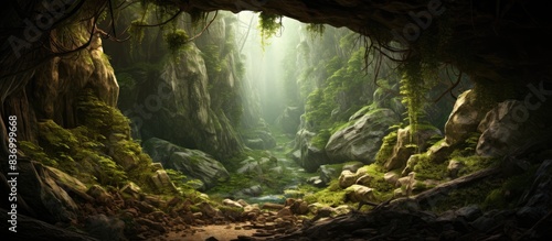 A small cave in the woods. Creative banner. Copyspace image