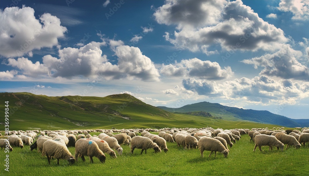 Fototapeta premium a green meadow and a flock of sheep