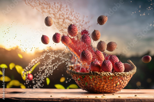 lychees in a basket, fruits on the table, fresh fruit photo