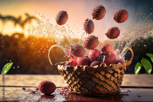 lychees in a basket, fruits on the table, fresh fruit photo