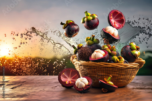 mangosteens in a basket, fruits on the table, fresh fruit photo