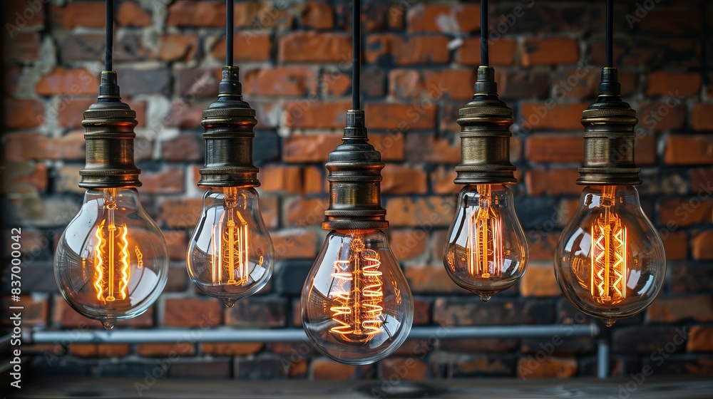 Obraz premium Decorative antique edison style light bulbs against brick wall background