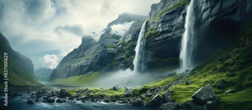 Djupfjorden waterfall flowing down the mountain. Creative banner. Copyspace image