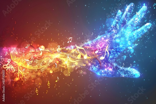 Colorful Hand with Musical Notes Art - Vibrant Abstract Digital Design for Posters and Prints