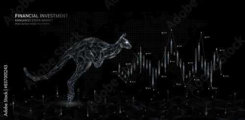 Jumping kangaroo facing candlestick on black world map. Sideway stock market trends chart. Adjusted prices up down unable find direction. Analysis business strategy financial investment. Vector.