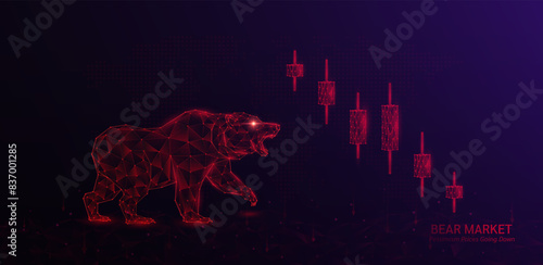 Red bear shapes polygon facing each candlestick. Stock market trends chart are lower. Pessimism prices going down. Analysis business strategy financial investment. On world map and arrow. Vector.