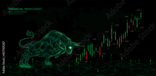 Green bull shapes polygon facing candlestick on black world map. Stock market trends chart growth. Optimism prices going up. Analysis business strategy financial investment. Banner vector EPS10.