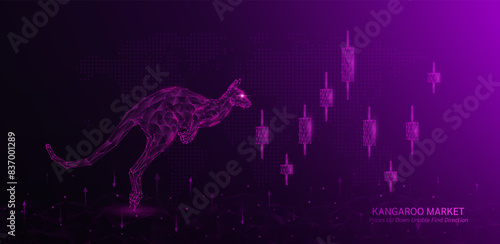 Purple kangaroo shapes polygon facing candlestick. Sideway stock market trends chart. Adjusted prices up down unable find direction. Analysis business strategy financial investment. Vector.