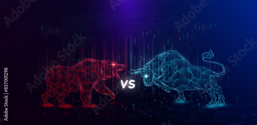 Red bear vs blue bull shapes polygon facing each other. Bullish and bearish symbols of stock market trends down and up growth chart. Analysis business strategy financial investment. Banner vector.