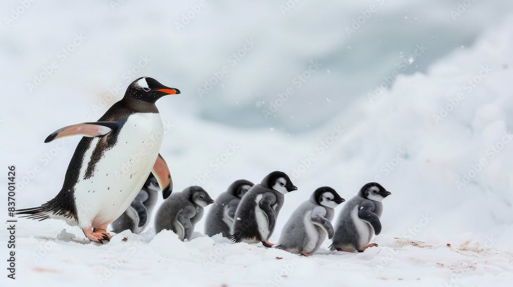 Naklejka premium Line of penguins waddling through snow with fluffy chicks in tow, showcasing communal spirit and charm of wildlife families in winter.