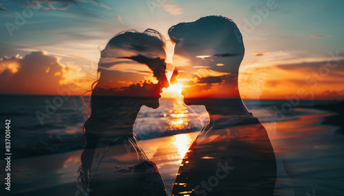 A couple is silhouetted against a sunset on a beach