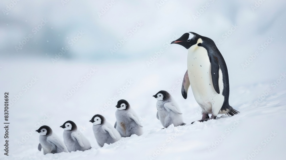 Fototapeta premium Line of penguins waddling through snow with fluffy chicks in tow, showcasing communal spirit and charm of wildlife families in winter.