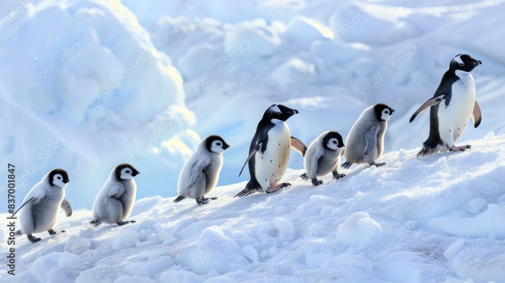 Obraz premium Line of penguins waddling through snow with fluffy chicks in tow, showcasing communal spirit and charm of wildlife families in winter.