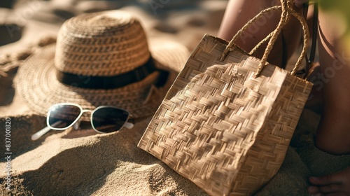 A close-up of a blank shopping bag made of woven straw, resting on a sandy beach next to a sunhat and a pair of sunglasses, suggesting a day of beachside shopping and relaxation. photo