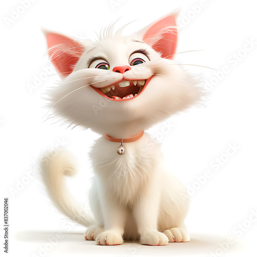 Adorable White Cartoon Cat with Pink Ears and Collar Smiling Happily on a White Background - Perfect for Children's Books, Animation, and Cute Animal Illustrations © Photo shop for you