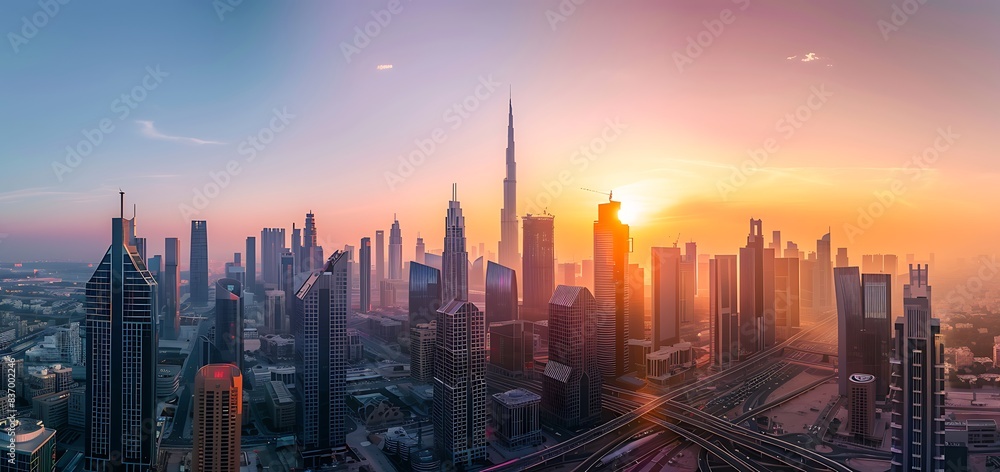 Fototapeta premium Experience the majesty of urban architecture against the backdrop of a setting sun. as skyscrapers stand tall amidst the glowing skyline. serving as an iconic representation of the ceaseless movement 