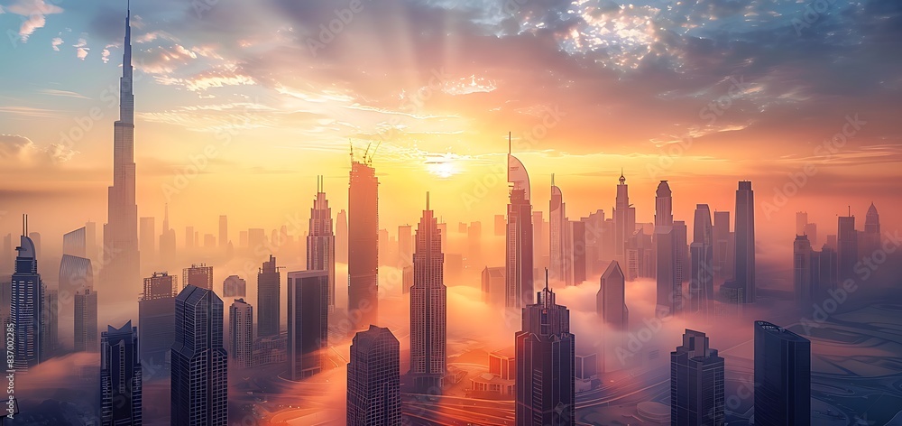 Experience the majesty of urban architecture against the backdrop of a setting sun. as skyscrapers stand tall amidst the glowing skyline. serving as an iconic representation of the ceaseless movement 
