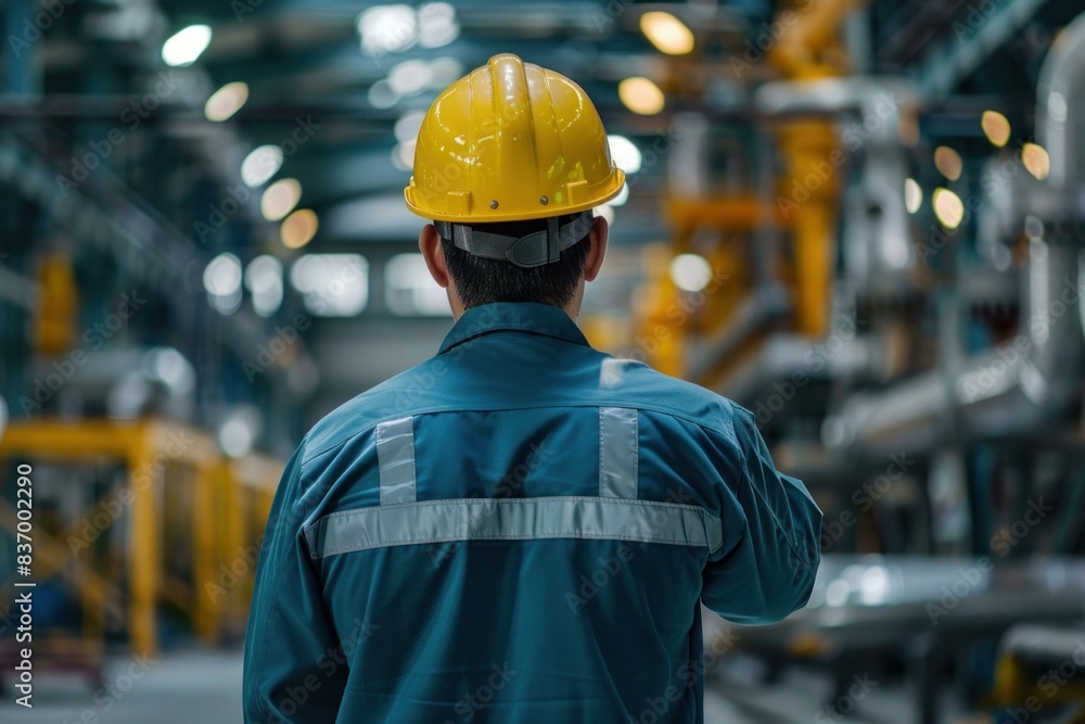 Rear view of a worker with a hard hat in an industrial setting Rear view of a worker with a hard hat in an industrial setting