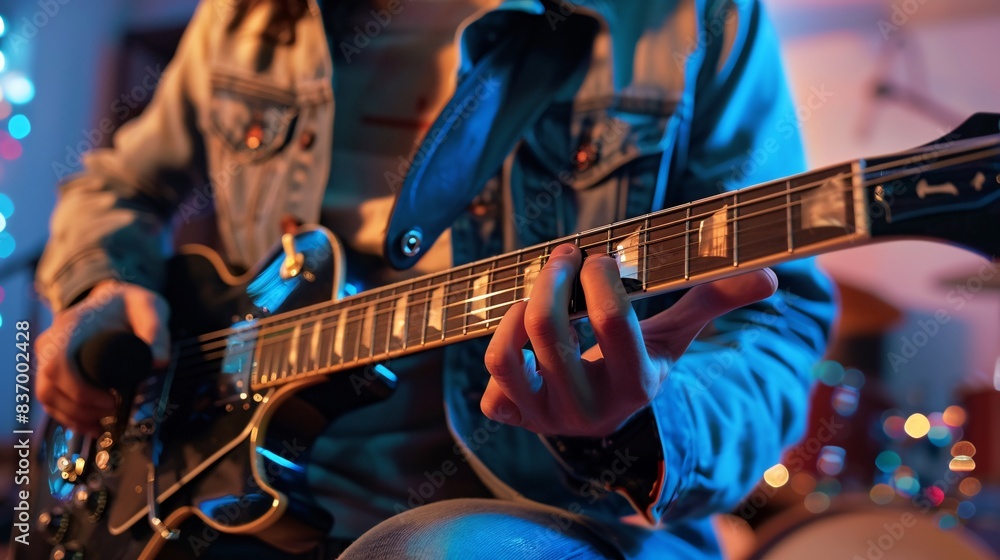 Fototapeta premium Close-up of a Guitarist's Hand Playing Electric Guitar