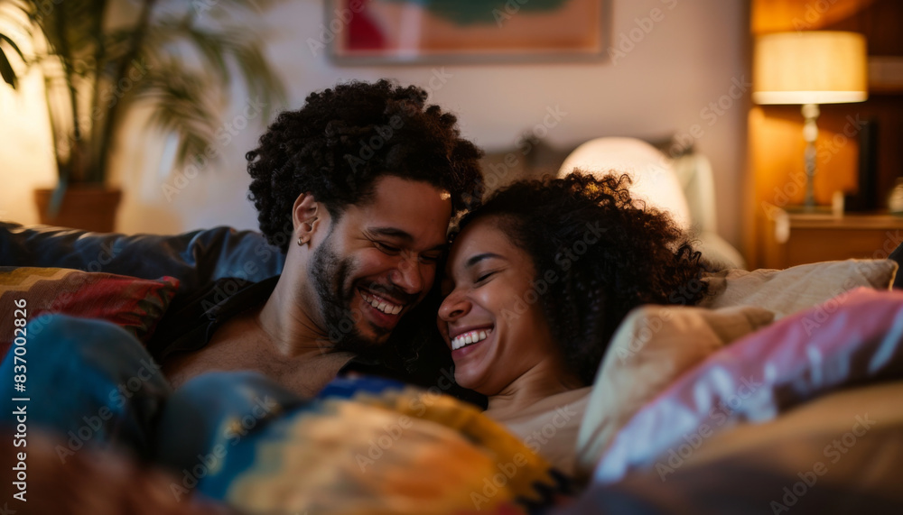 A man and woman are laying on a couch, smiling and laughing together A man and woman are laying on a couch, smiling and laughing together