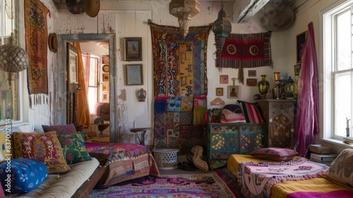 Bohemian Styled Living Room with Colorful Textiles and Eclectic Decor