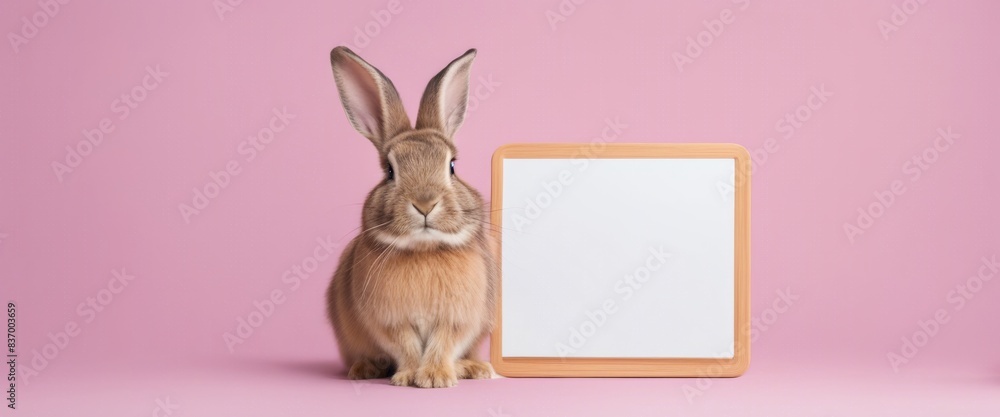 Fototapeta premium Adorable bunny with a blank sign board on a pink background