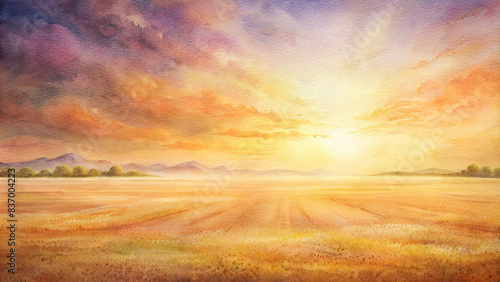 An illustration of golden atmosphere over the vast field during sunset