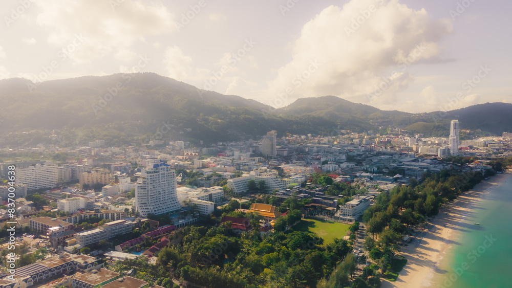 Fototapeta premium Patong Beach Popular places. afternoon light sky and blue ocean are on the back of white Phuket sea is the one of landmarks on Phuket island Thailand.