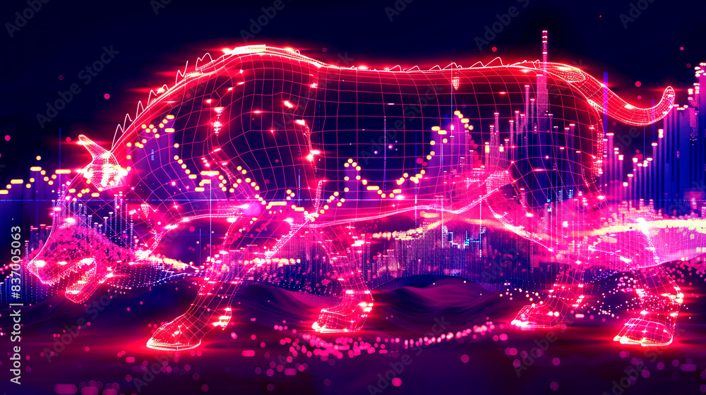 A pink and red image of a bull with a city in the background A pink and red image of a bull with a city in the background