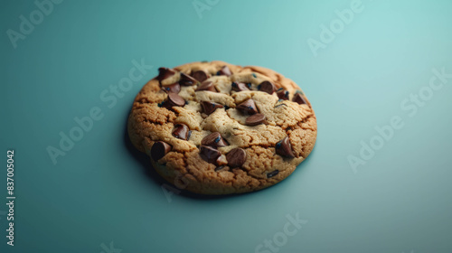 A hyperrealistic image of a cookie on a blue background, symbolizing the digital world of coding and programming. Perfect for web development concepts. AI generative enhancement applied. photo